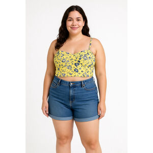 Floral Crop Top Bustier Yellow Blue Smocked Back Coquette Girl Festival Summer M